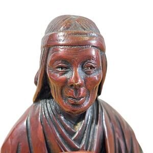 Vintage Japanese Noh Theater Bronze Uba Takasago Woman Figure w/ Broom 7"